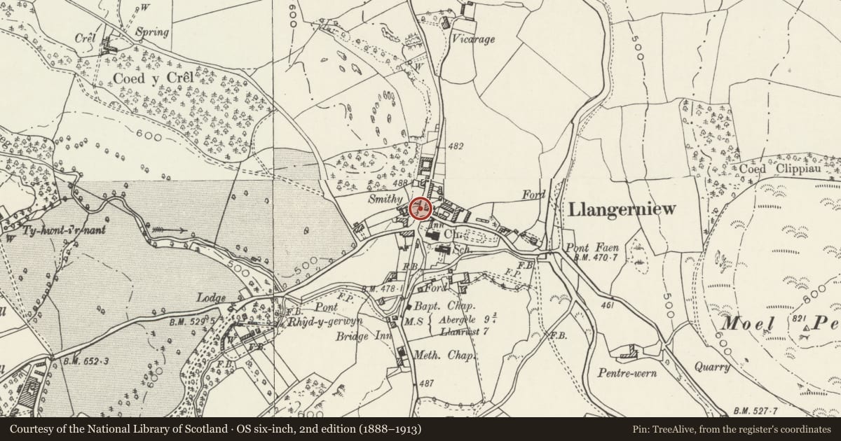 Ordnance Survey six-inch map, 2nd edition (1888–1913) covering the location of General Store, Llangernyw, Conwy, with a pin at the register's coordinates