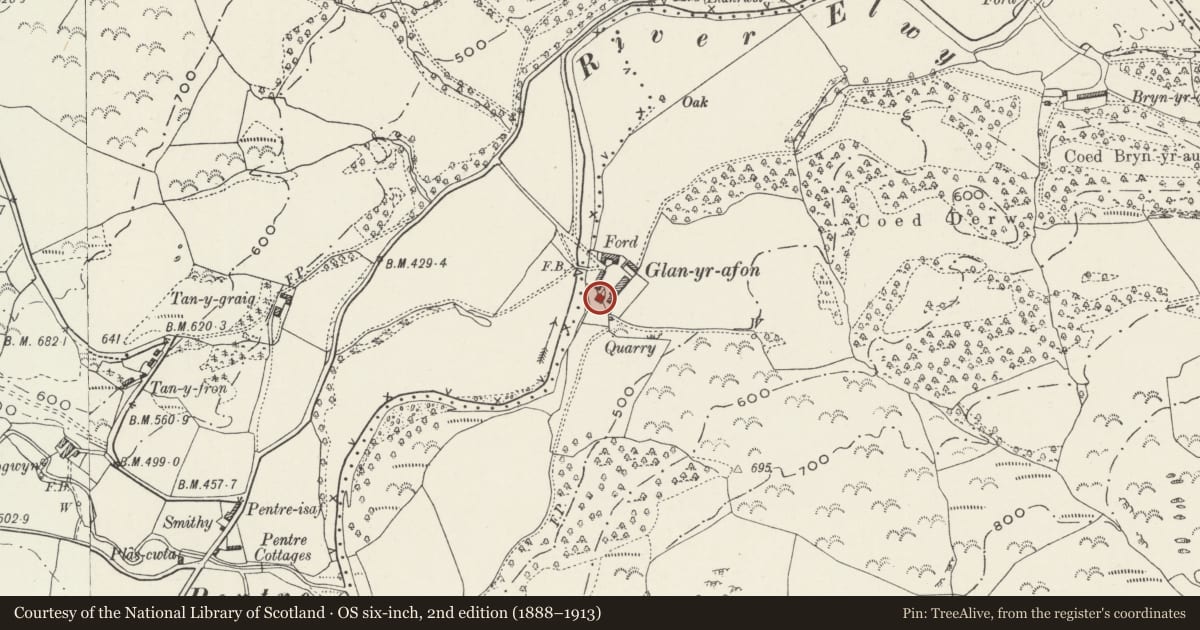 Ordnance Survey six-inch map, 2nd edition (1888–1913) covering the location of Glan yr Afon, Llangernyw, Conwy, with a pin at the register's coordinates