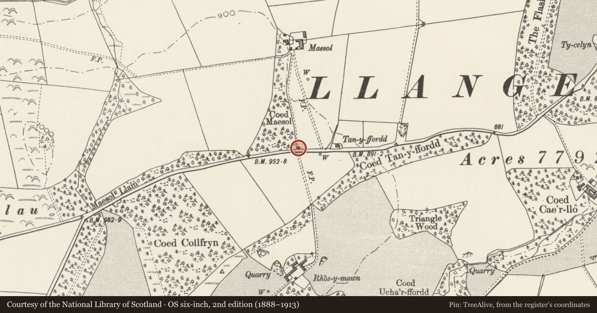 Ordnance Survey six-inch map, 2nd edition (1888–1913) covering the location of Former Toll-gate, Posts and Turnstile, Llangernyw, Conwy, with a pin at the register's coordinates