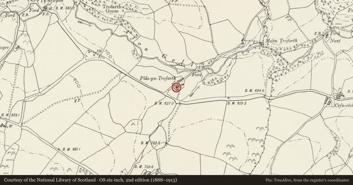 Ordnance Survey six-inch map, 2nd edition (1888–1913) covering the location of Plas yn Trofarth, Llangernyw, Conwy, with a pin at the register's coordinates