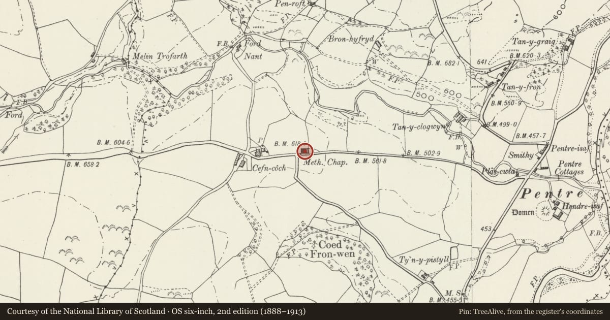 Ordnance Survey six-inch map, 2nd edition (1888–1913) covering the location of Capel Cefn Coch, Chapel House and Railings, Llangernyw, Conwy, with a pin at the register's coordinates