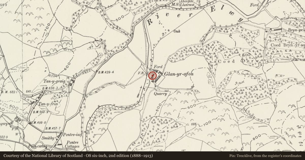 Ordnance Survey six-inch map, 2nd edition (1888–1913) covering the location of Stables and Cartshed at Glan yr Afon, Llangernyw, Conwy, with a pin at the register's coordinates