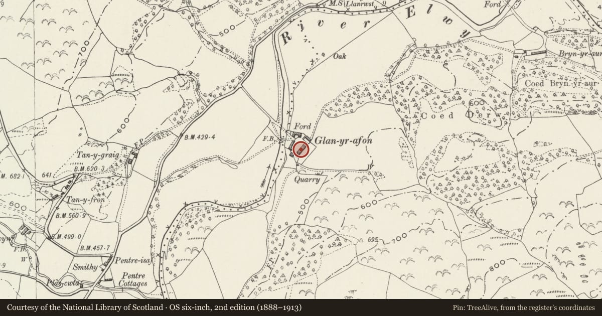 Ordnance Survey six-inch map, 2nd edition (1888–1913) covering the location of Threshing Barn and two Sheds at Glan yr Afon, Llangernyw, Conwy, with a pin at the register's coordinates