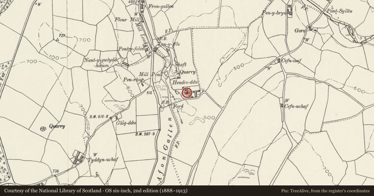 Ordnance Survey six-inch map, 2nd edition (1888–1913) covering the location of Hendre Ddu, Llangernyw, Conwy, with a pin at the register's coordinates