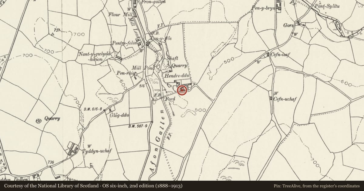 Ordnance Survey six-inch map, 2nd edition (1888–1913) covering the location of Farmyard ranges at Hendre Ddu, Llangernyw, Conwy, with a pin at the register's coordinates