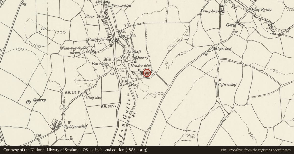 Ordnance Survey six-inch map, 2nd edition (1888–1913) covering the location of Cartshed, Barn, Byre and Shed at Hendre Ddu, Llangernyw, Conwy, with a pin at the register's coordinates