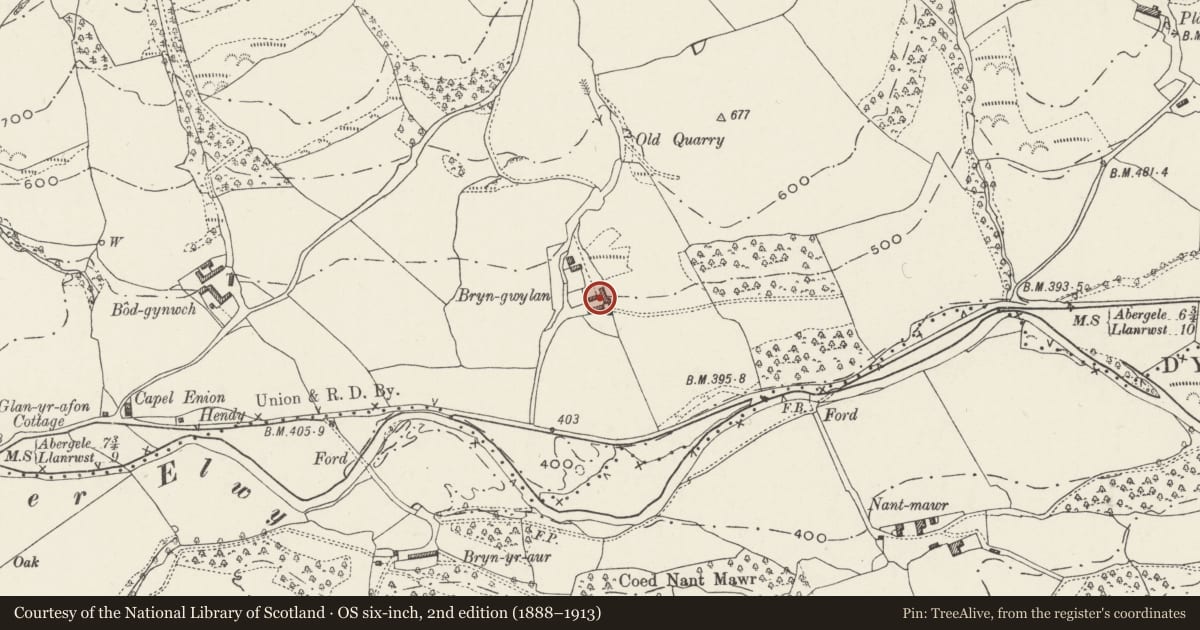 Ordnance Survey six-inch map, 2nd edition (1888–1913) covering the location of Threshing Barn at Bryngwylan, Llangernyw, Conwy, with a pin at the register's coordinates