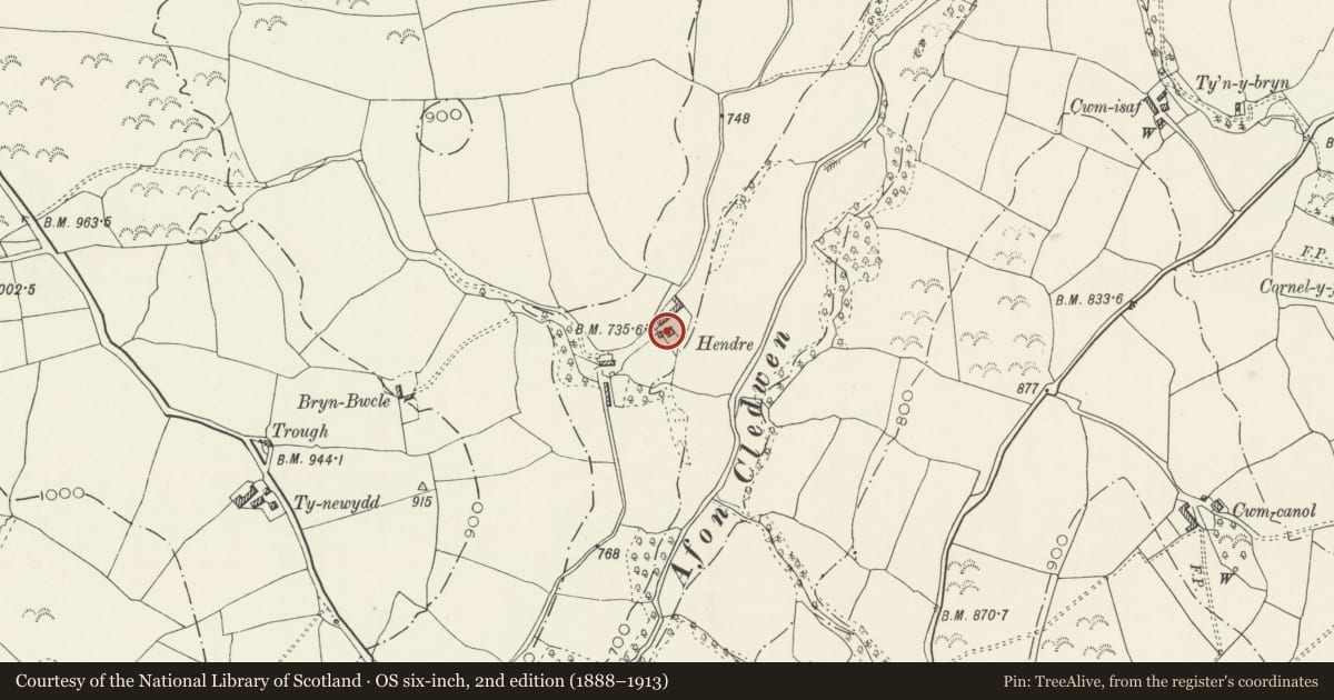 Ordnance Survey six-inch map, 2nd edition (1888–1913) covering the location of Hendre, Llangernyw, Conwy, with a pin at the register's coordinates