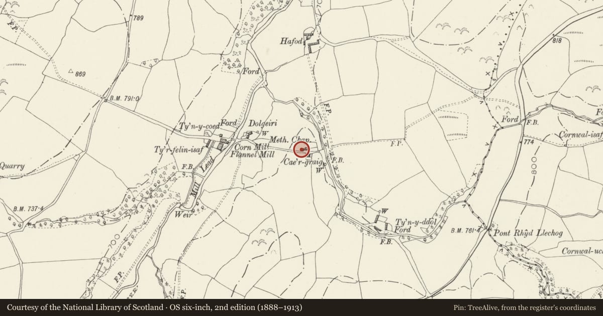 Ordnance Survey six-inch map, 2nd edition (1888–1913) covering the location of Capel Cae Craig, Llangernyw, Conwy, with a pin at the register's coordinates