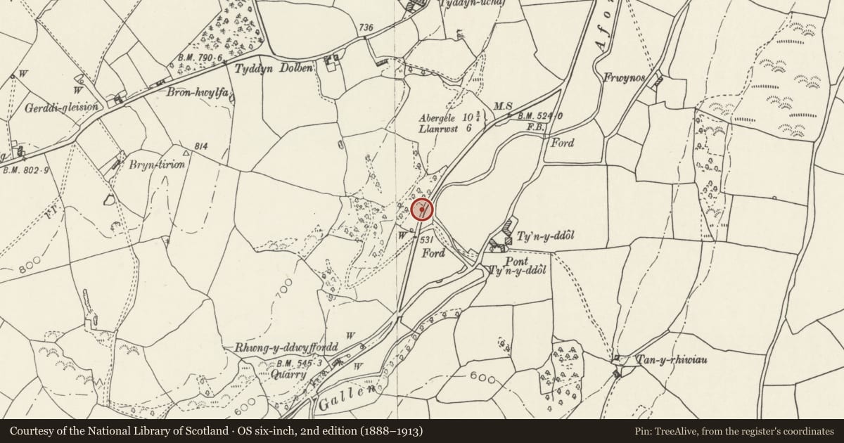 Ordnance Survey six-inch map, 2nd edition (1888–1913) covering the location of Milestone, Llangernyw, Conwy, with a pin at the register's coordinates