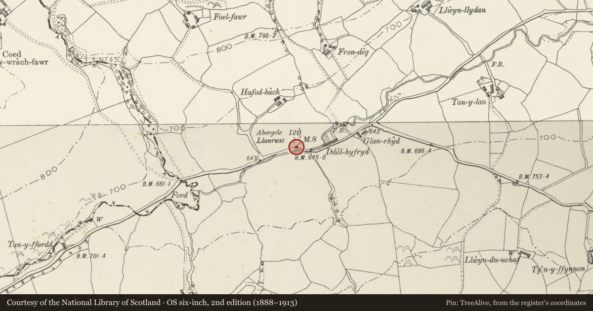 Ordnance Survey six-inch map, 2nd edition (1888–1913) covering the location of Milestone, Llangernyw, Conwy, with a pin at the register's coordinates