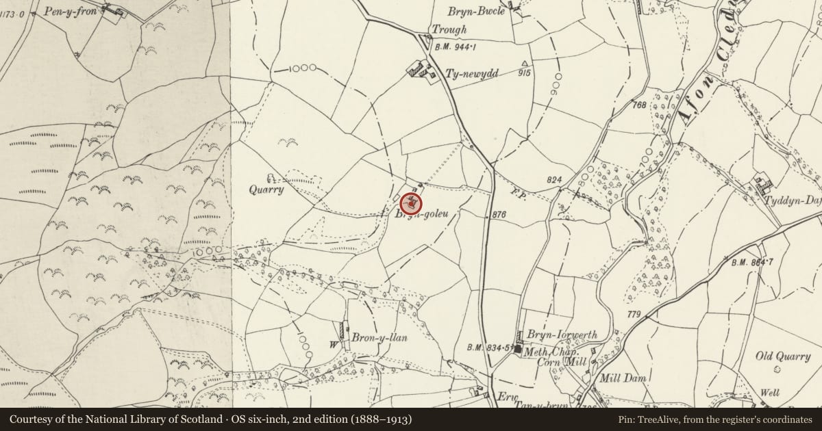 Ordnance Survey six-inch map, 2nd edition (1888–1913) covering the location of Bryn Goleu, Llangernyw, Conwy, with a pin at the register's coordinates