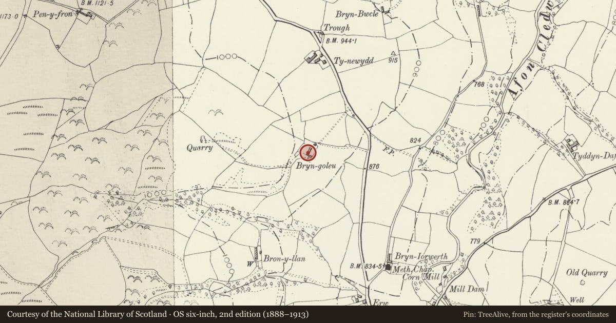Ordnance Survey six-inch map, 2nd edition (1888–1913) covering the location of Farm Range at Bryn Goleu, Llangernyw, Conwy, with a pin at the register's coordinates