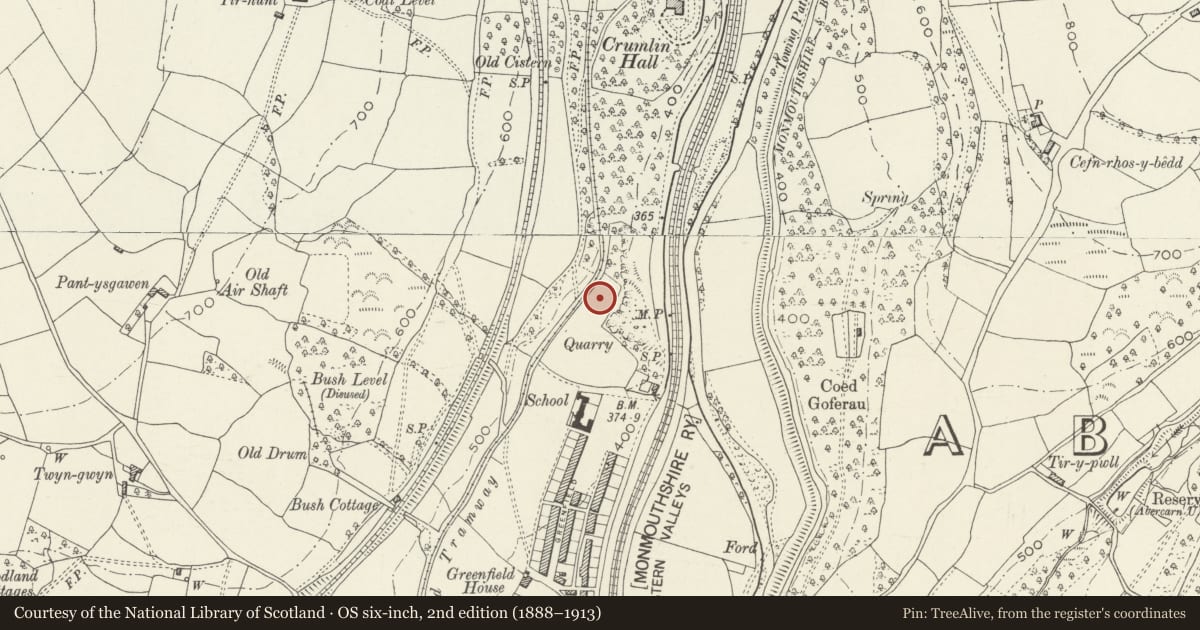 Ordnance Survey six-inch map, 2nd edition (1888–1913) covering the location of Catholic Church of Our Lady of Peace including attached presbytery, Newbridge, Caerphilly, with a pin at the register's coordinates