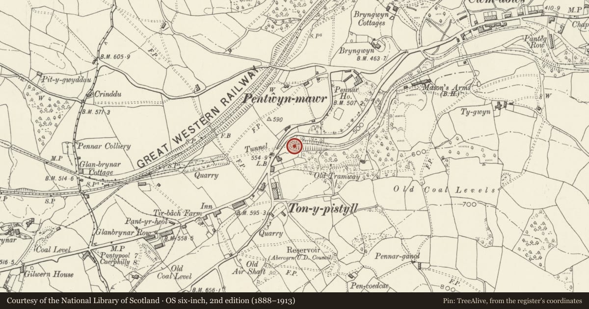 Ordnance Survey six-inch map, 2nd edition (1888–1913) covering the location of Former Hall's tramroad and railway tunnel E portal, Newbridge, Caerphilly, with a pin at the register's coordinates