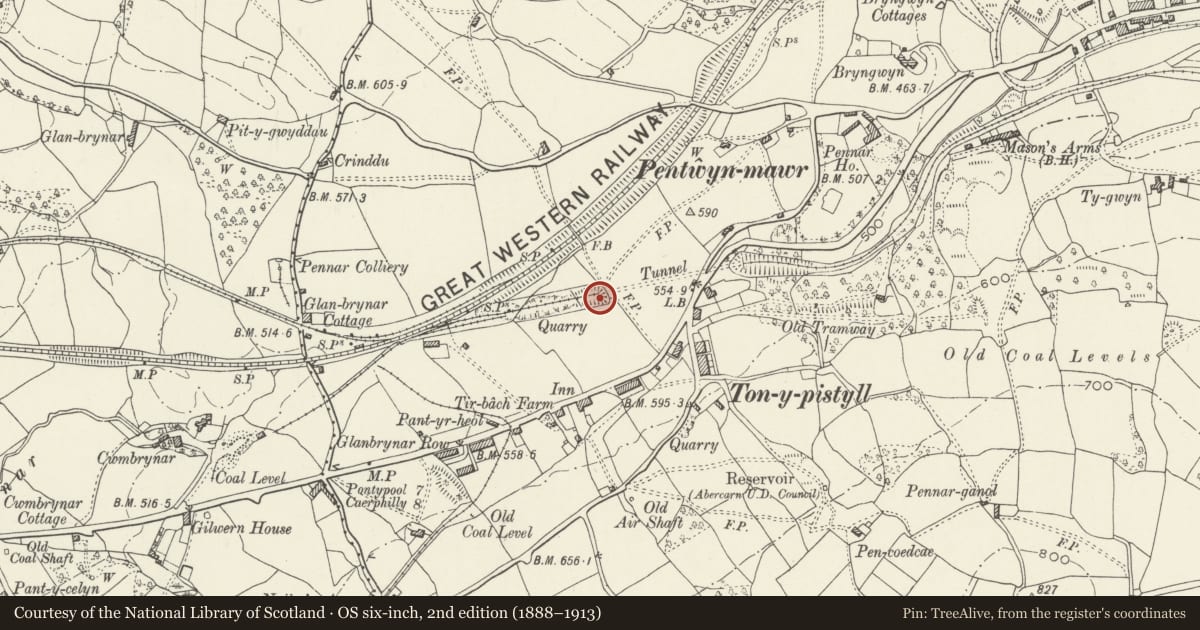 Ordnance Survey six-inch map, 2nd edition (1888–1913) covering the location of Former Hall's tramroad and railway tunnel W portal, Newbridge, Caerphilly, with a pin at the register's coordinates