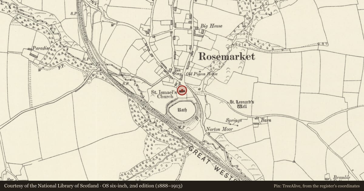 Ordnance Survey six-inch map, 2nd edition (1888–1913) covering the location of Church of St Ismael, Rosemarket, Pembrokeshire, with a pin at the register's coordinates