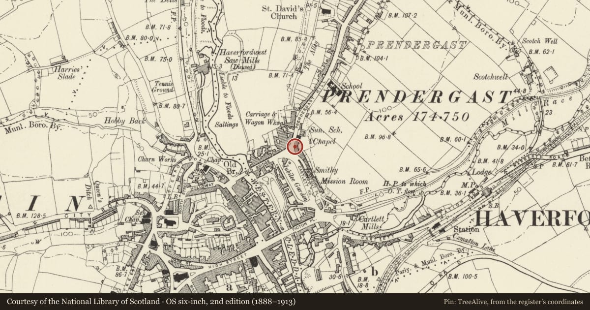 Ordnance Survey six-inch map, 2nd edition (1888–1913) covering the location of 19 Bridge End Square, Haverfordwest, Pembrokeshire, with a pin at the register's coordinates