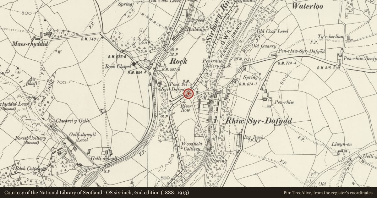 Ordnance Survey six-inch map, 2nd edition (1888–1913) covering the location of Pont Syr Dafydd (partly in Penmaen Community), Blackwood, Caerphilly, with a pin at the register's coordinates