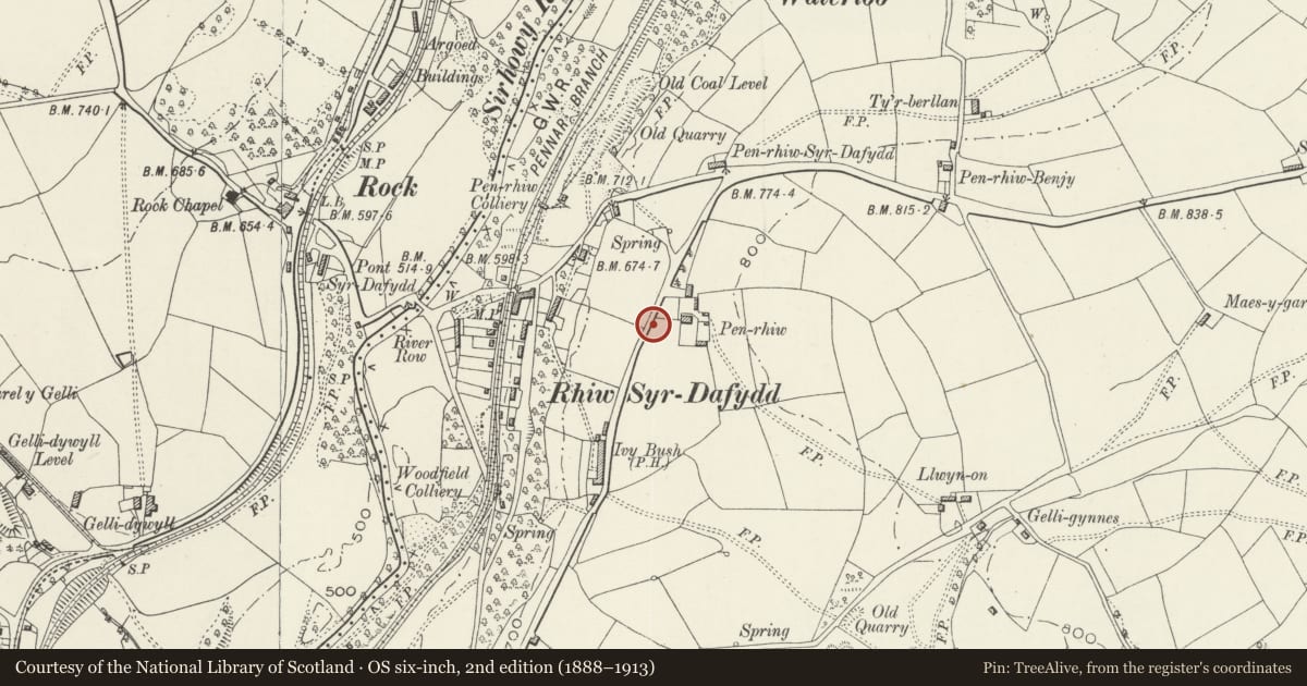 Ordnance Survey six-inch map, 2nd edition (1888–1913) covering the location of Wall, railings and gates at Oakdale Hospital, Penmaen, Caerphilly, with a pin at the register's coordinates