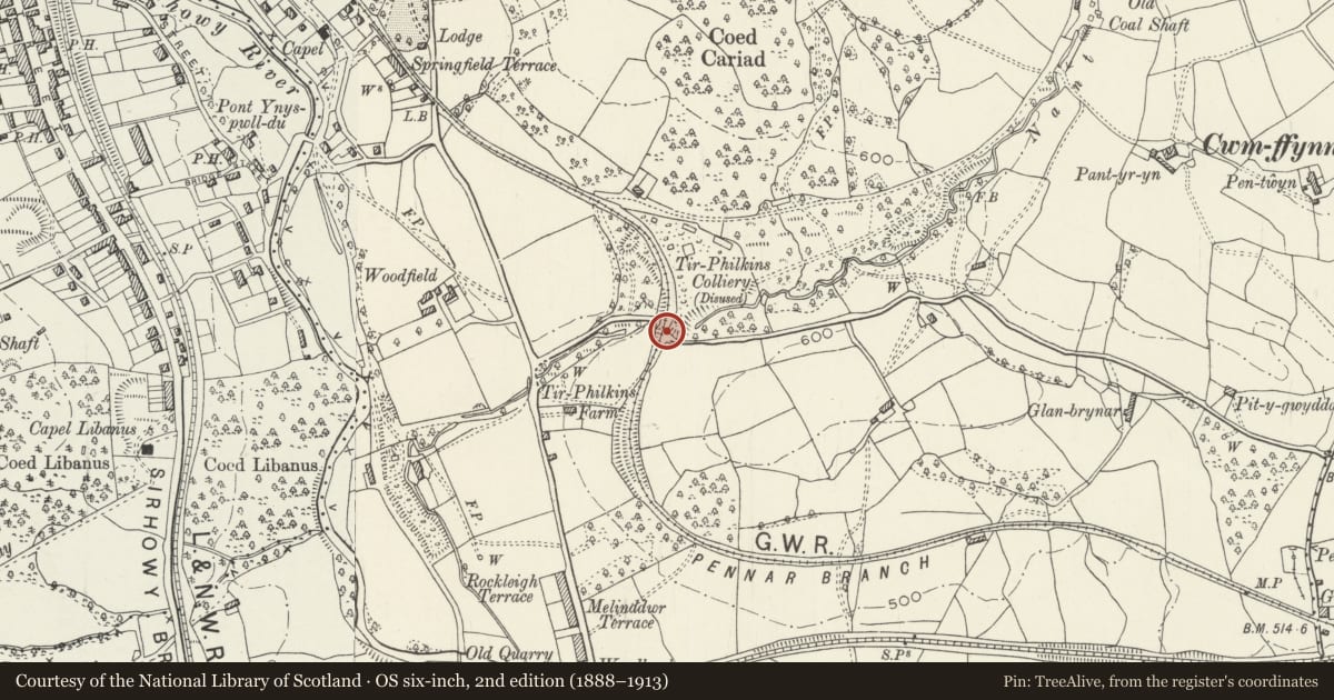Ordnance Survey six-inch map, 2nd edition (1888–1913) covering the location of Former Tramroad Bridge (partly in Pontllanfraith Community), Penmaen, Caerphilly, with a pin at the register's coordinates