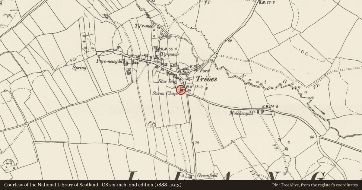 Ordnance Survey six-inch map, 2nd edition (1888–1913) covering the location of Saron Welsh Congregationalist Chapel, Llangan, Vale of Glamorgan, with a pin at the register's coordinates