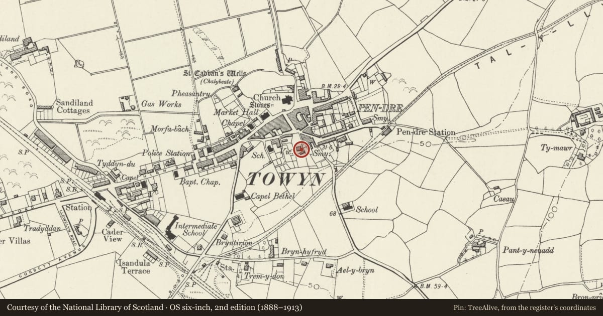Ordnance Survey six-inch map, 2nd edition (1888–1913) covering the location of The Vicarage, Tywyn, Gwynedd, with a pin at the register's coordinates