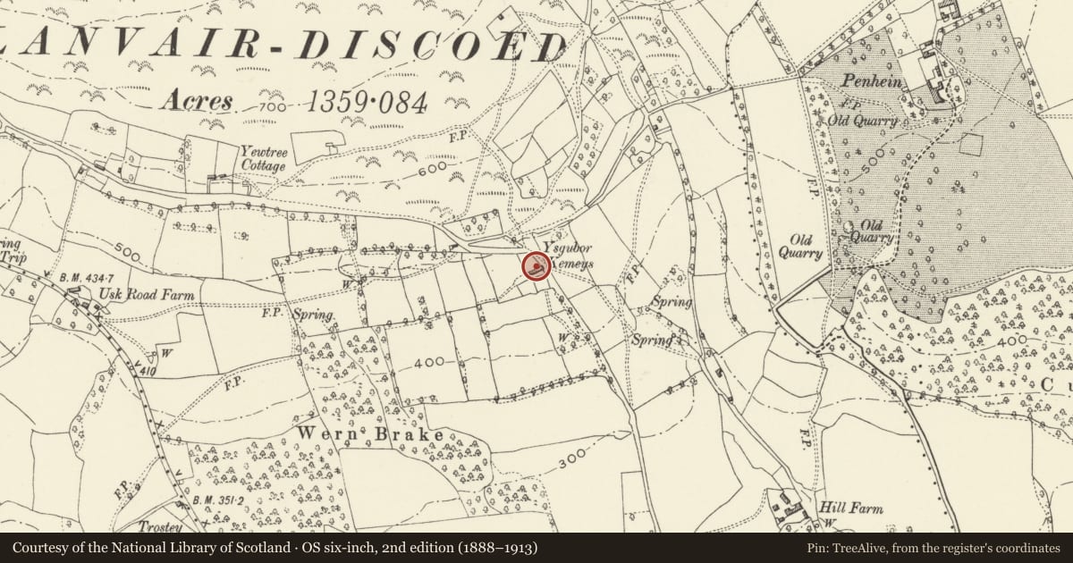 Ordnance Survey six-inch map, 2nd edition (1888–1913) covering the location of Tile Farm (Ysgubor Kemeys), Caerwent, Monmouthshire, with a pin at the register's coordinates