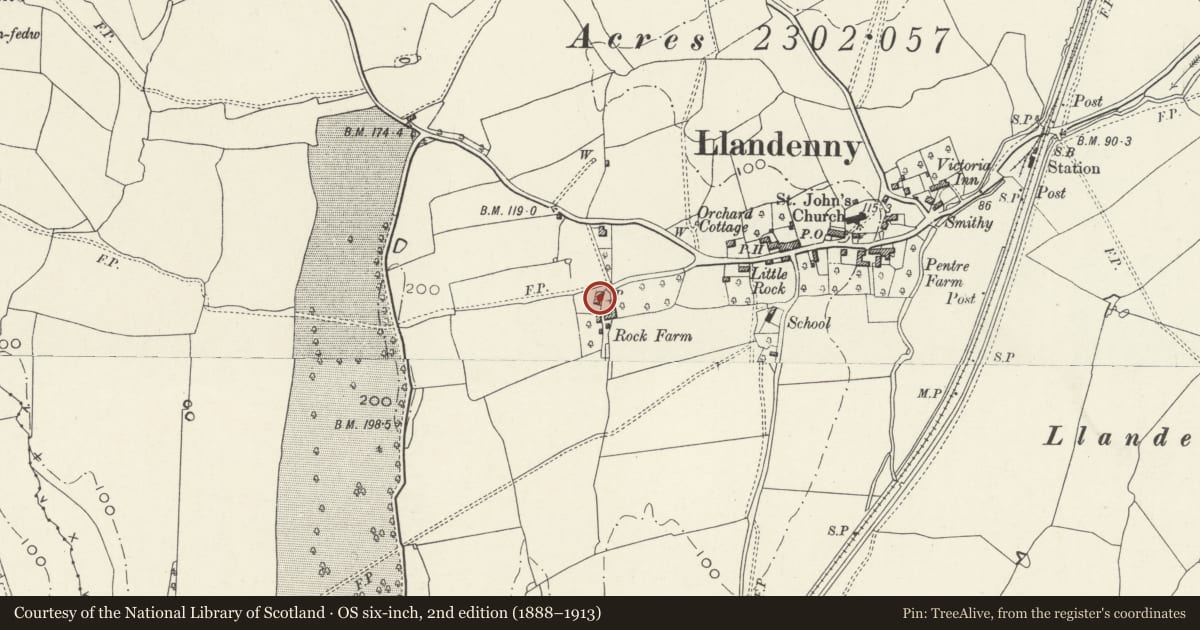 Ordnance Survey six-inch map, 2nd edition (1888–1913) covering the location of The Rock Farmhouse, Raglan, Monmouthshire, with a pin at the register's coordinates