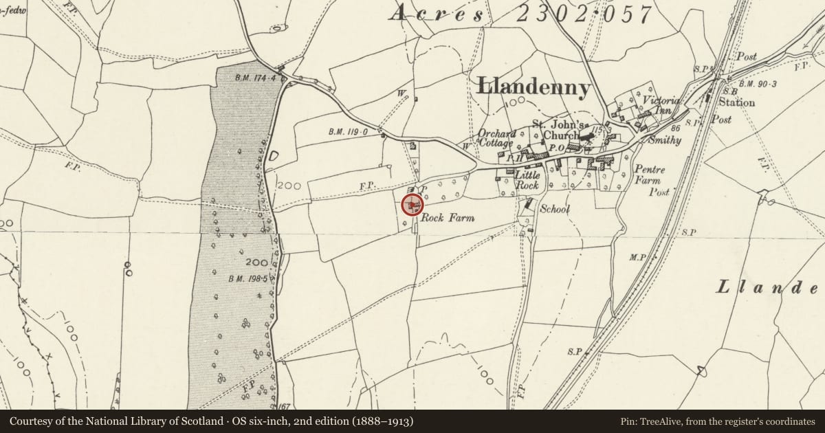 Ordnance Survey six-inch map, 2nd edition (1888–1913) covering the location of Stables at The Rock Farm, Raglan, Monmouthshire, with a pin at the register's coordinates