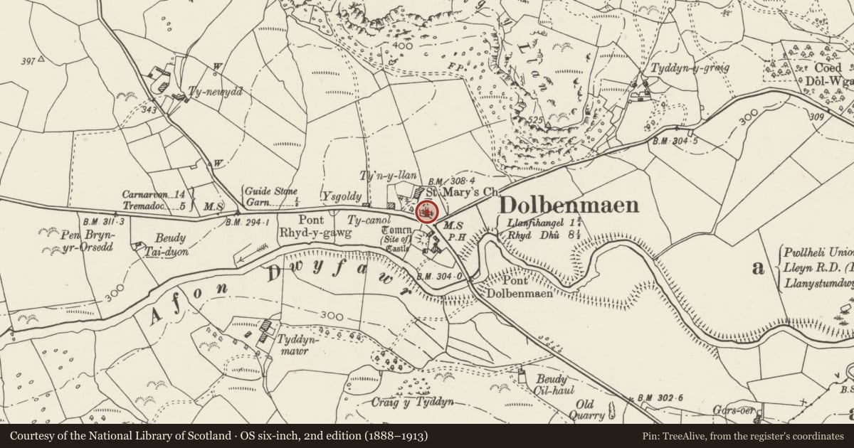 Ordnance Survey six-inch map, 2nd edition (1888–1913) covering the location of Lychgate to the Church of St Mary, Dolbenmaen, Gwynedd, with a pin at the register's coordinates