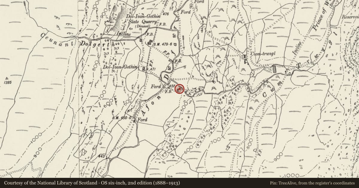 Ordnance Survey six-inch map, 2nd edition (1888–1913) covering the location of Beudy'r Ddol, Dolbenmaen, Gwynedd, with a pin at the register's coordinates