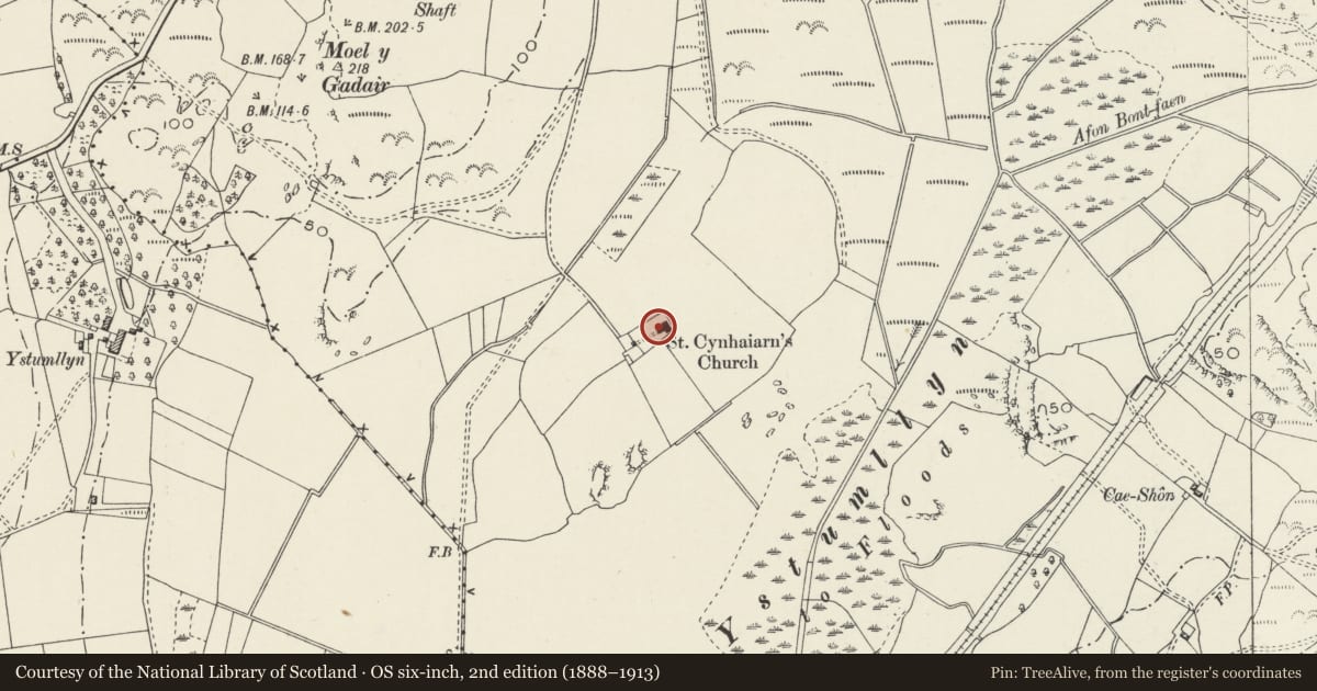 Ordnance Survey six-inch map, 2nd edition (1888–1913) covering the location of Monuments to John Williams and Ellis Owen, Dolbenmaen, Gwynedd, with a pin at the register's coordinates