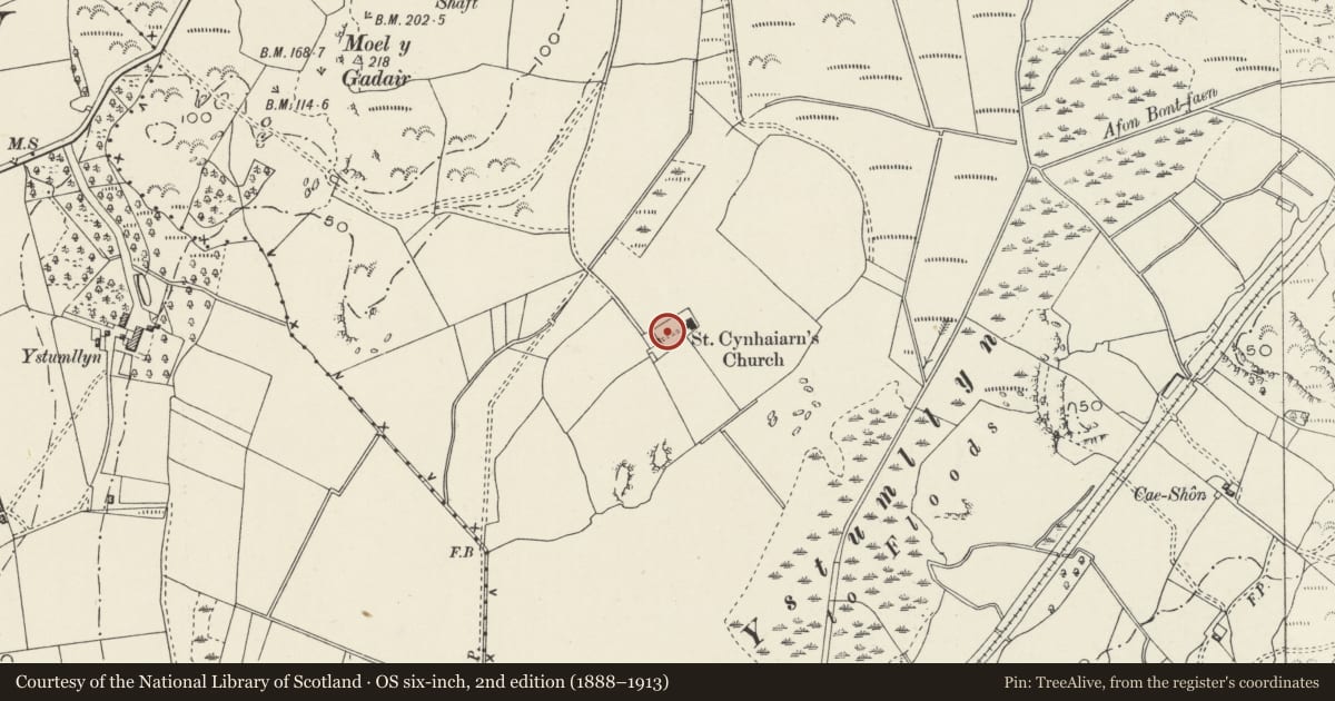 Ordnance Survey six-inch map, 2nd edition (1888–1913) covering the location of Gravestone of John Ystymllyn, Dolbenmaen, Gwynedd, with a pin at the register's coordinates