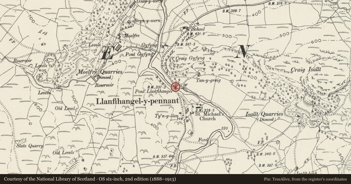 Ordnance Survey six-inch map, 2nd edition (1888–1913) covering the location of Pont Llanfihangel (aka Pont Llan), Dolbenmaen, Gwynedd, with a pin at the register's coordinates