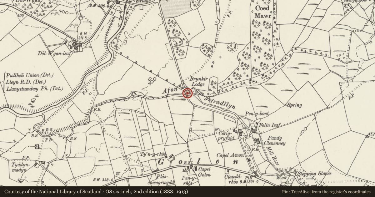 Ordnance Survey six-inch map, 2nd edition (1888–1913) covering the location of Pont Brynkir, Dolbenmaen, Gwynedd, with a pin at the register's coordinates