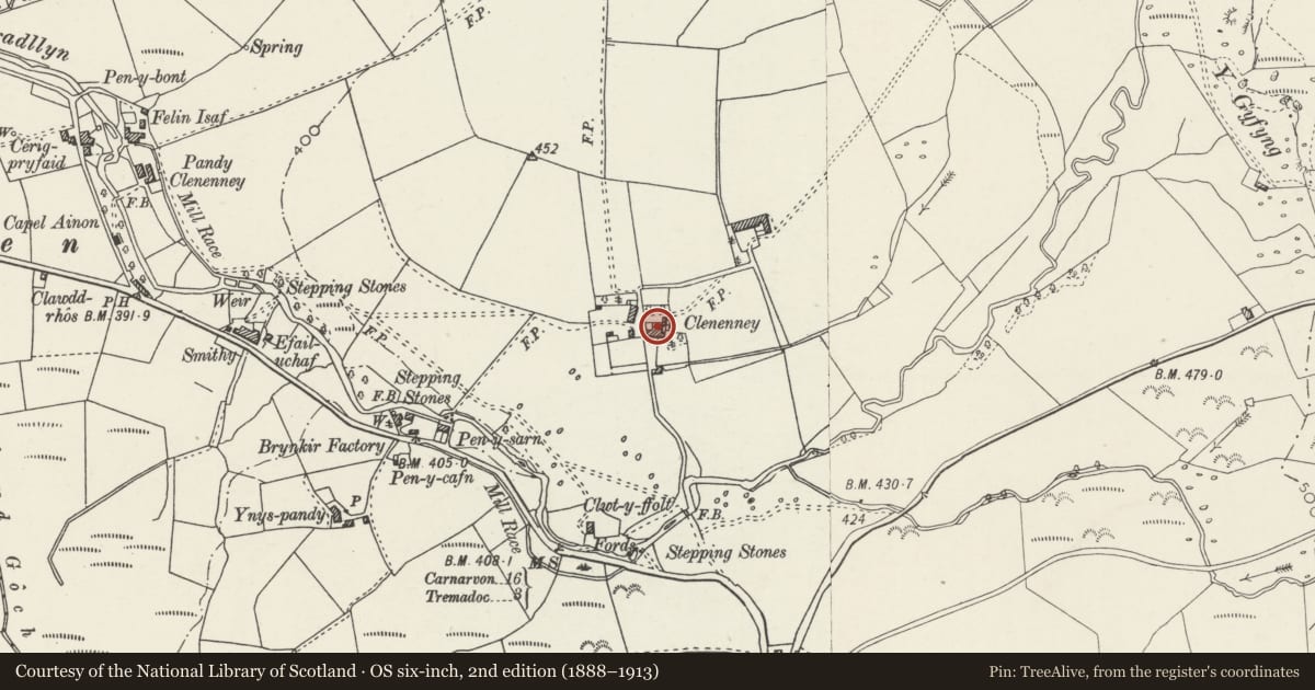 Ordnance Survey six-inch map, 2nd edition (1888–1913) covering the location of Clenennau, Dolbenmaen, Gwynedd, with a pin at the register's coordinates