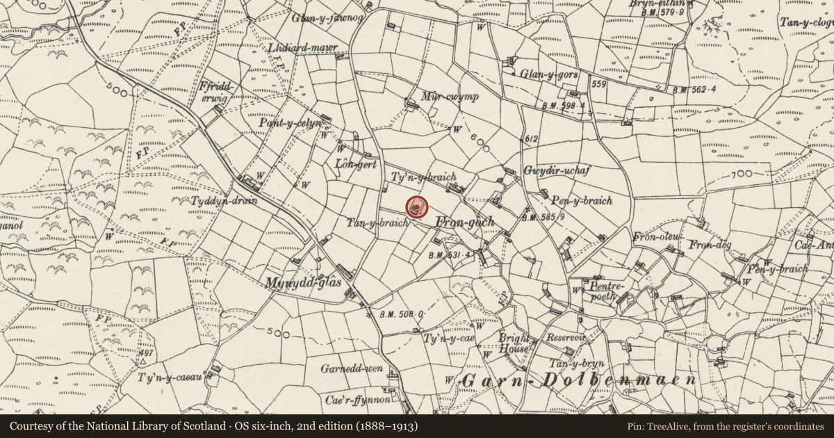 Ordnance Survey six-inch map, 2nd edition (1888–1913) covering the location of Tan-y-braich, with attached farm buildings, Dolbenmaen, Gwynedd, with a pin at the register's coordinates