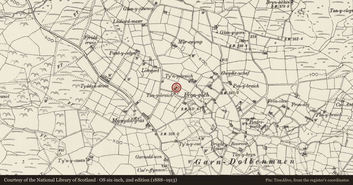 Ordnance Survey six-inch map, 2nd edition (1888–1913) covering the location of Haybarn at Tan-y-braich, Dolbenmaen, Gwynedd, with a pin at the register's coordinates