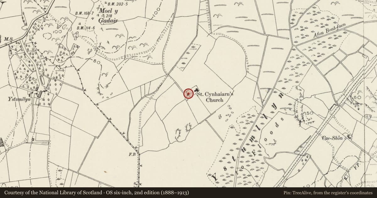 Ordnance Survey six-inch map, 2nd edition (1888–1913) covering the location of Lychgate to the Church of St Cynhaearn, Dolbenmaen, Gwynedd, with a pin at the register's coordinates