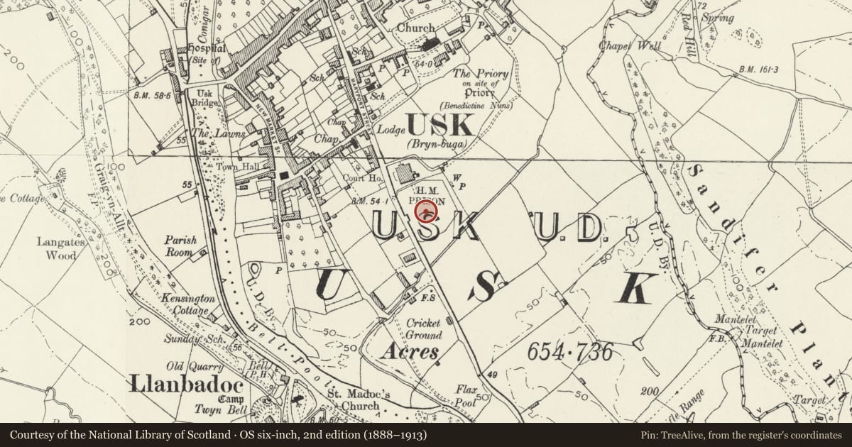 Ordnance Survey six-inch map, 2nd edition (1888–1913) covering the location of Usk Prison, Monmouthshire, with a pin at the register's coordinates