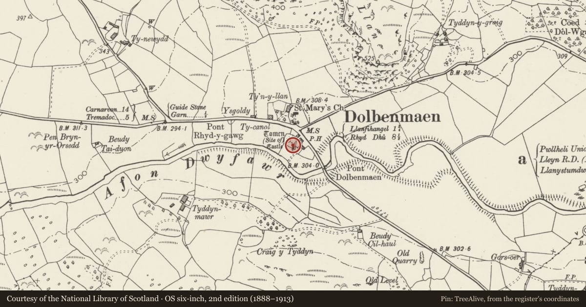 Ordnance Survey six-inch map, 2nd edition (1888–1913) covering the location of Washhouse Building at Plas Dolbenmaen, Gwynedd, with a pin at the register's coordinates