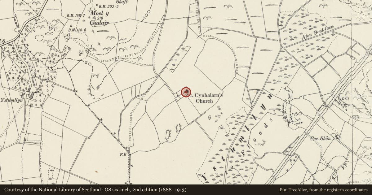 Ordnance Survey six-inch map, 2nd edition (1888–1913) covering the location of Carreg and Pilkington Tombs, Dolbenmaen, Gwynedd, with a pin at the register's coordinates