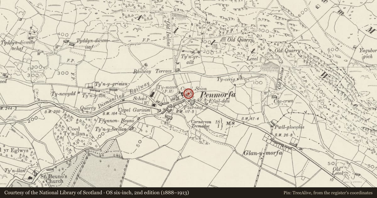 Ordnance Survey six-inch map, 2nd edition (1888–1913) covering the location of Mynediad Cae Chwarae, Dolbenmaen, Gwynedd, with a pin at the register's coordinates
