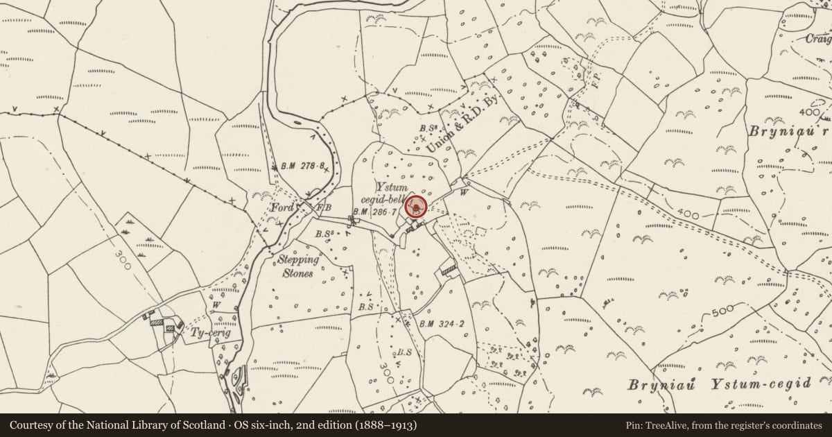 Ordnance Survey six-inch map, 2nd edition (1888–1913) covering the location of Piggery at Ystumcegid, Dolbenmaen, Gwynedd, with a pin at the register's coordinates