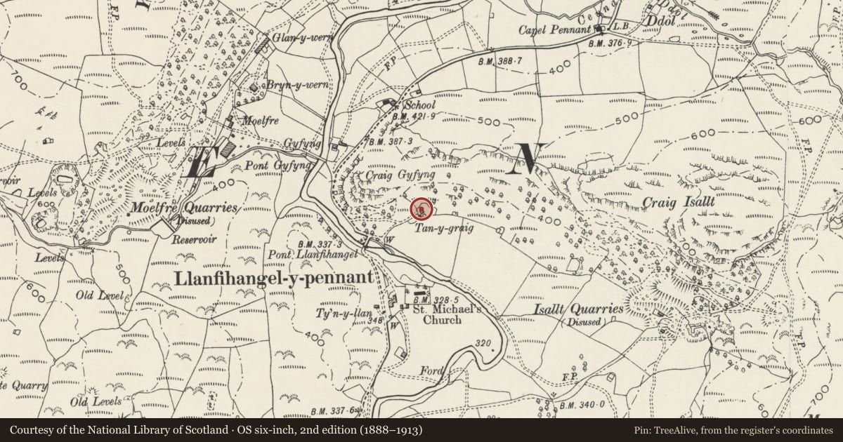 Ordnance Survey six-inch map, 2nd edition (1888–1913) covering the location of Tan-y-graig, Dolbenmaen, Gwynedd, with a pin at the register's coordinates