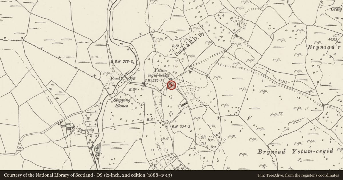 Ordnance Survey six-inch map, 2nd edition (1888–1913) covering the location of Outhouse at Ystumcegid, Dolbenmaen, Gwynedd, with a pin at the register's coordinates