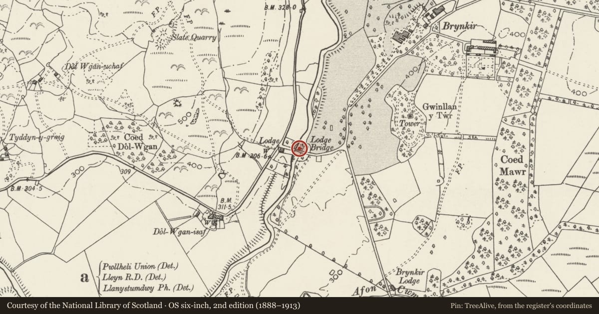 Ordnance Survey six-inch map, 2nd edition (1888–1913) covering the location of Lodge Bridge, Dolbenmaen, Gwynedd, with a pin at the register's coordinates