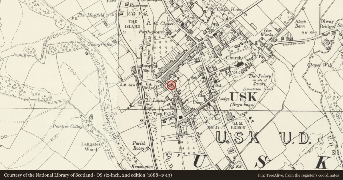 Ordnance Survey six-inch map, 2nd edition (1888–1913) covering the location of The Nook, and attached iron railings, Usk, Monmouthshire, with a pin at the register's coordinates