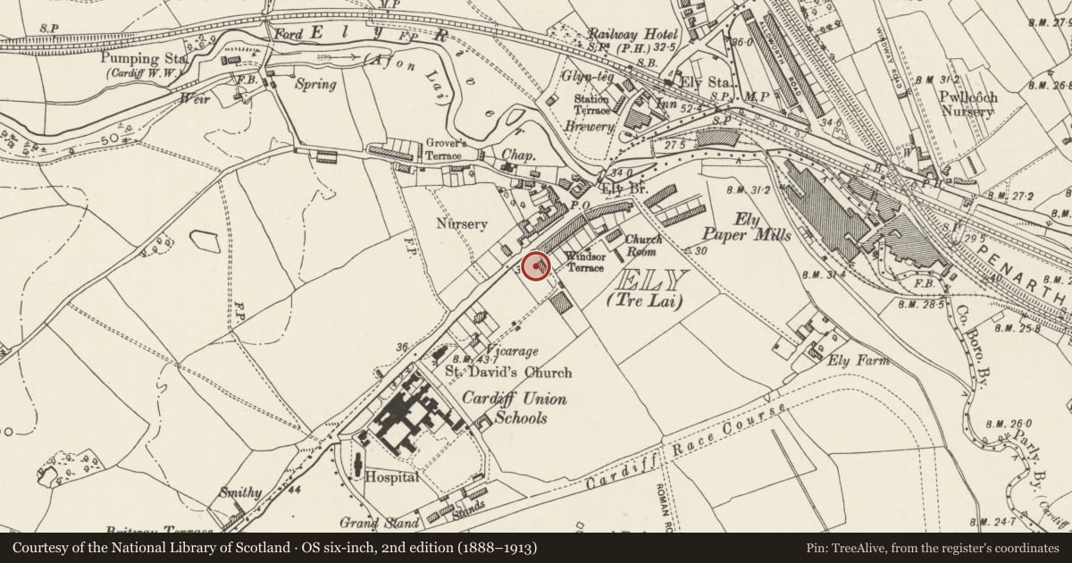 Ordnance Survey six-inch map, 2nd edition (1888–1913) covering the location of Ely Methodist Church, Caerau, Cardiff, with a pin at the register's coordinates
